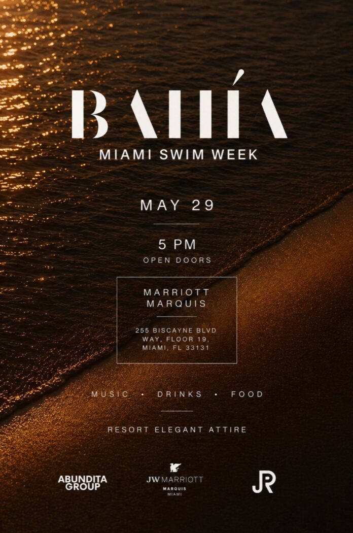 Event poster for Miami Swim Week: May 29 at 5 PM at the Marriott Marquis in Miami, with open doors and resort‑elegant attire.