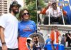 Timothee Chalamet, Mariska Hargitay and Ben Stiller Turned the Knicks Parade Into a Celebrity Victory Lap Casual group collage at a Knicks event: man in white tee and cap with a woman in a blue 'The Knicks' shirt posing together outdoors.