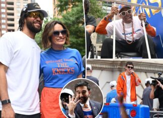Timothee Chalamet, Mariska Hargitay and Ben Stiller Turned the Knicks Parade Into a Celebrity Victory Lap Casual group collage at a Knicks event: man in white tee and cap with a woman in a blue 'The Knicks' shirt posing together outdoors.