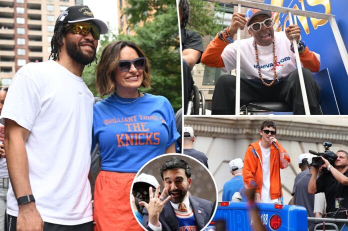 Casual group collage at a Knicks event: man in white tee and cap with a woman in a blue 'The Knicks' shirt posing together outdoors.