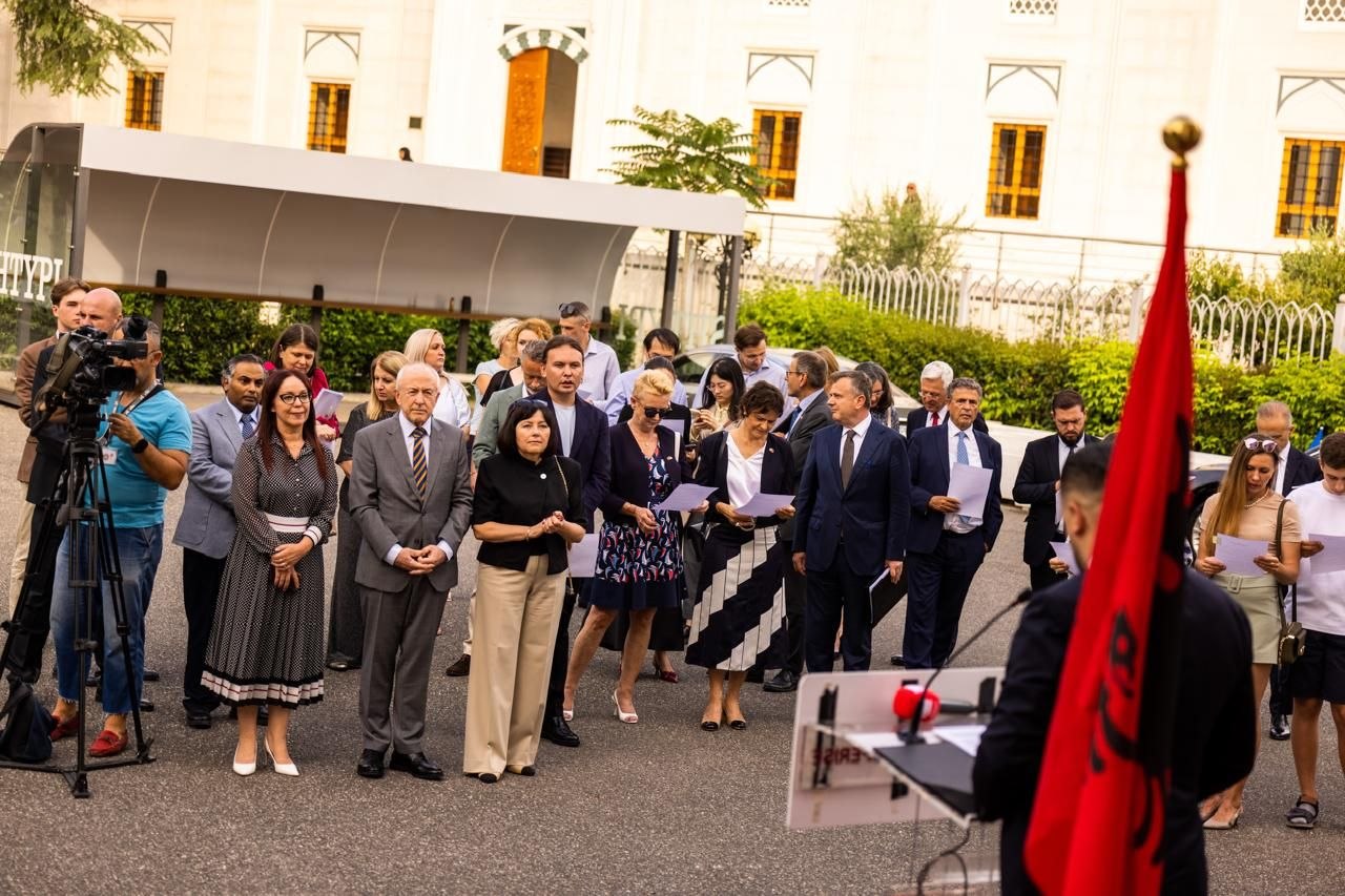 Guests attend the Somnia Disaster exhibition at the Parliament of Albania
