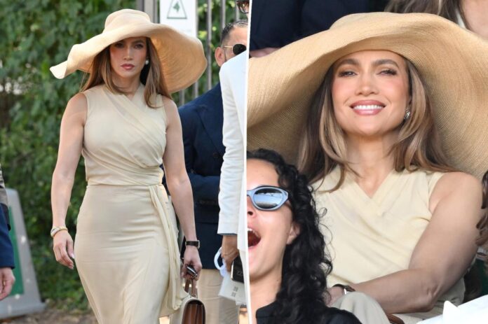 Jennifer Lopez wearing an oversized hat at Wimbledon 2026