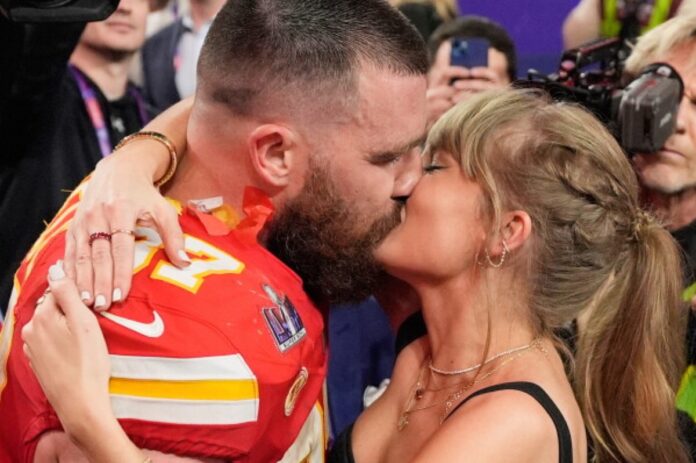 Taylor Swift and Travis Kelce kiss after the Super Bowl