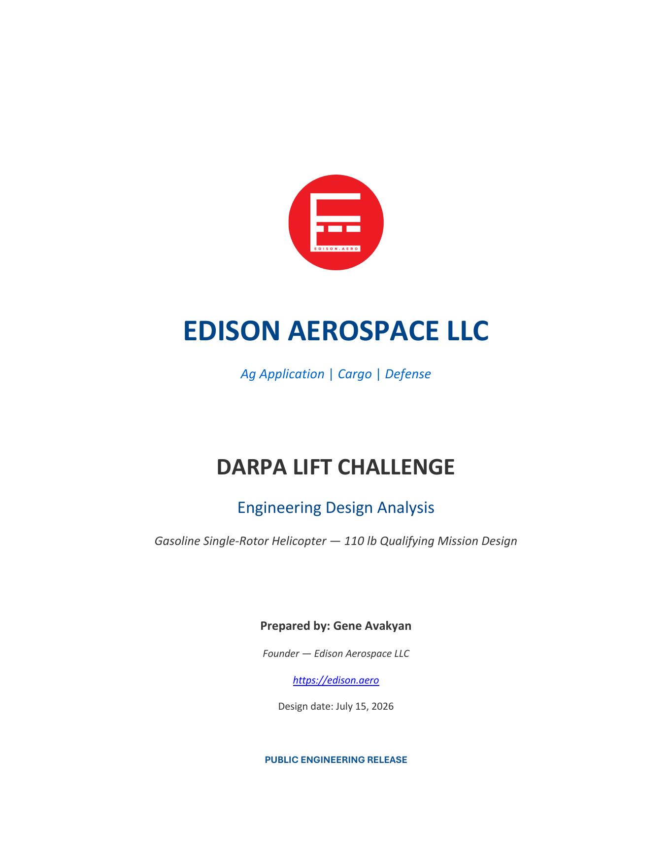 Edison Aerospace DARPA Lift Challenge engineering design analysis cover page